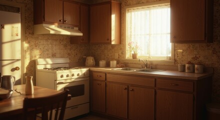 Sun-Drenched Charm: Vintage Kitchen Scene with Warm Lighting and Classic Design Elements