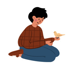 Illustration of a Muslim small boy sitting on the floor with a bird on his hand, wearing red checkered sweater and blue pants. Flat vector illustration.