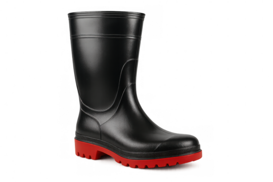 Black rubber work boots featuring contrasting red sole, offering industrial protection and durability for demanding workplace settings