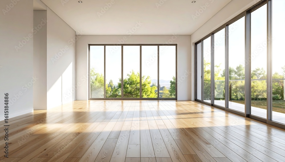 Poster bright and open empty room with large window and wooden floor in modern interior design style
