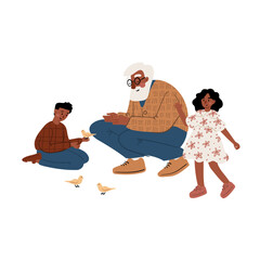 Illustration of a Black elderly man with grandson and granddaughter feeding birds in the park. Intergenerational family bonding in nature. Flat vector illustration.