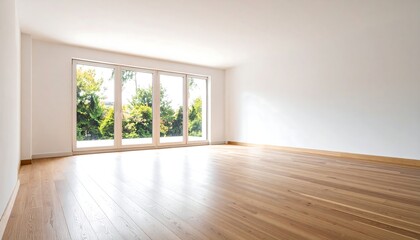 Fototapeta premium Bright and open empty room with large window and wooden floor in modern interior design style
