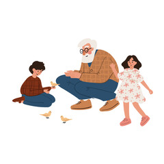 Illustration of elderly European man with boy and girl feeding birds in park, squatting together. Family intergenerational bonding in nature. Flat vector illustration.
