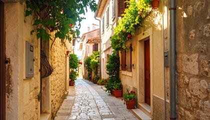 Obraz premium Sunlit cobblestone alleyway between aged stone buildings, adorned with vibrant flowers in pots