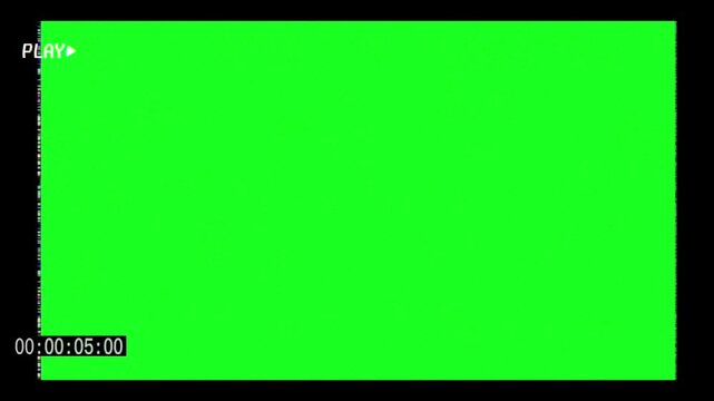 Vintage vhs style play screen with green screen background and timer overlay for video editing and special effects