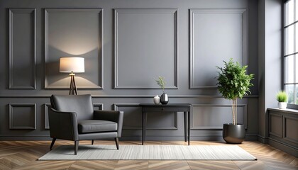 Grey wall panels and a black side table in minimalistic interior design composition