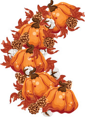 frame with autumn composition of cartoon orange pumpkin with lines and round spots with cotton cones and flowers, for autumn designs, cards or printing