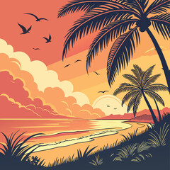 Tropical beach sunset with palm trees and flying birds in warm orange and yellow hues ocean