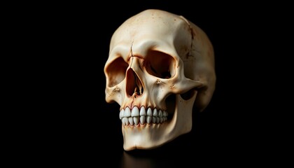Obraz premium Close-up of a human skull against a dark backdrop, skeletal, dark background