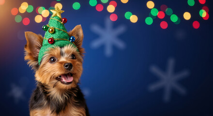 Yorkshire Terrier wearing a Christmas tree hat. Cute holiday puppy on a dark blue background with copy space.