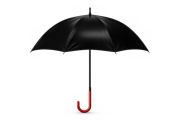 Classic opened black umbrella with red handle offering protection from rain, isolated on transparent background