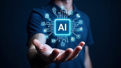 Man holds a glowing ai chip with integrated digital services
