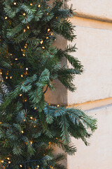 Christmas tree with lights outdoors, decorated facade of a beautiful European building