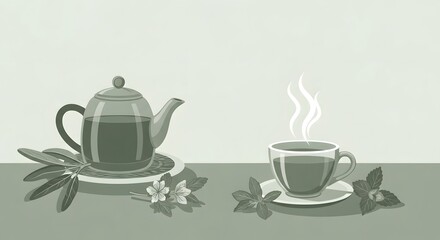 Tea Teapot Cup and Herbs