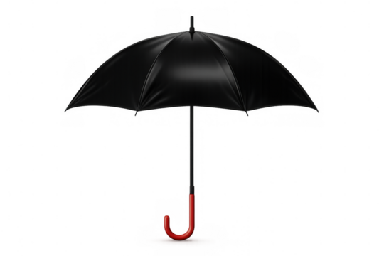 Classic opened black umbrella with red handle offering protection from rain, isolated on transparent background
