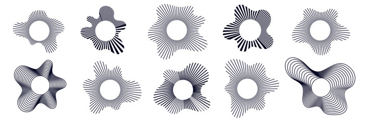 Set of echo pattern with shockwave and radiate wave. Circular radial round concentric rings. Sonic pulse texture with energy explosion and vibration.