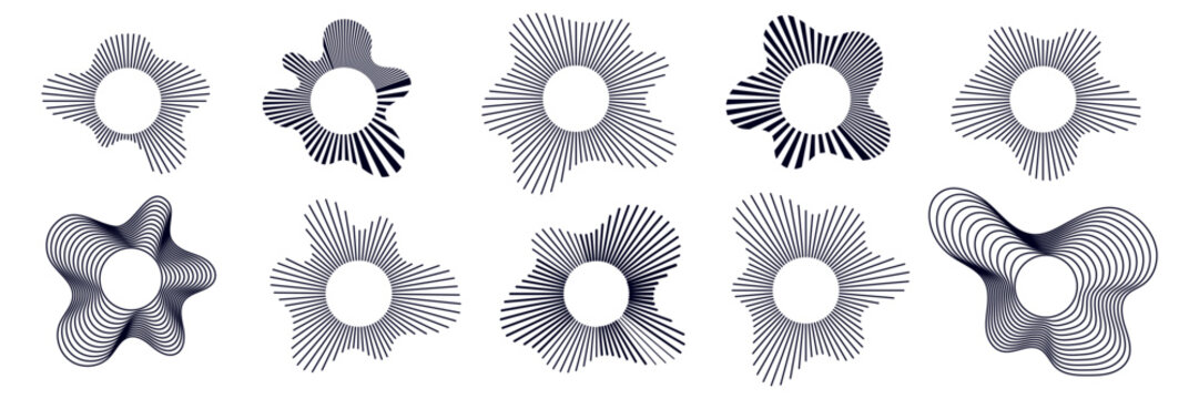 Set of echo pattern with shockwave and radiate wave. Circular radial round concentric rings. Sonic pulse texture with energy explosion and vibration.