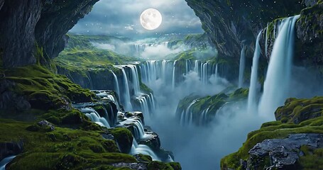 Moonlit waterfall cave landscape - Powered by Adobe