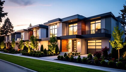 Fototapeta premium Modern residential houses in a row with distinct colors and landscaping during dusk