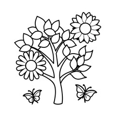 simple coloring page tree sunflowers butterflies 