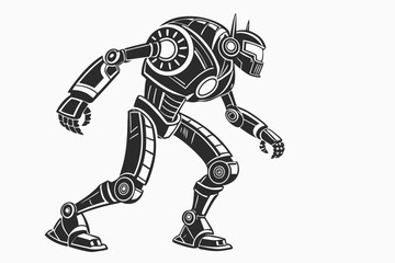 Stylized black and white robot character in motion