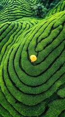Fototapeta premium Aerial view of terraced tea fields, a vibrant green pattern, with a small yellow umbrella in the center