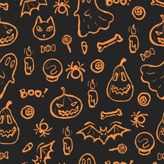 Halloween pattern with hand drawn pumpkins, ghosts, bats, bones, spiders, cats, and candles in white on dark background. Halloween celebration.