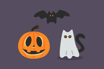 Jack-o’-lantern, bat, and black cat in ghost costume. Halloween party and spooky celebration concept