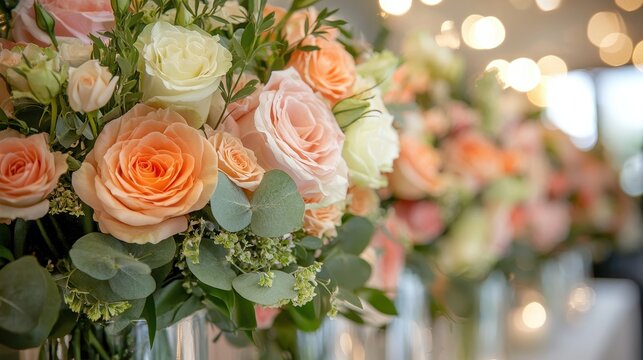 Peach Cream White Rose Bouquets Wedding Table Decor - Powered by Adobe