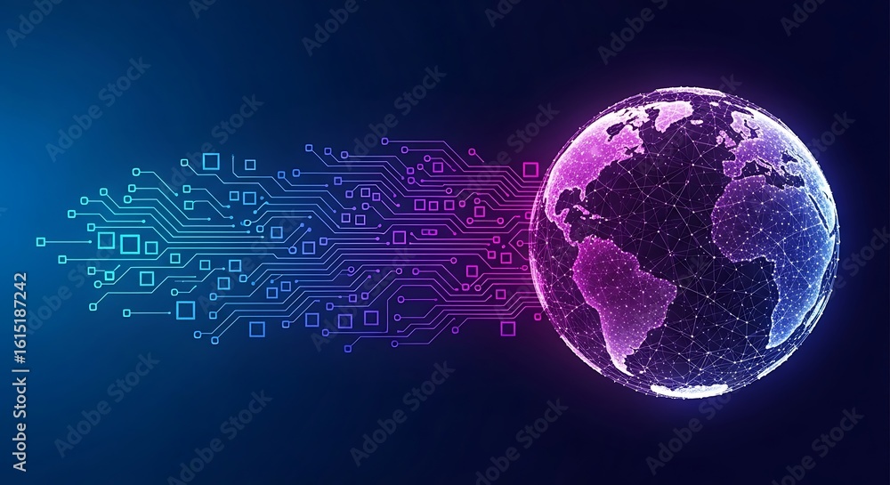 Poster futuristic global network connecting world with circuit board pathways