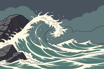 Stylized illustration of a large crashing wave against rocks under a stormy sky