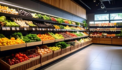 Fototapeta premium Well-lit produce section in a modern grocery store, showcasing a variety of fresh fruits and vegetables neatly arranged on wooden shelves