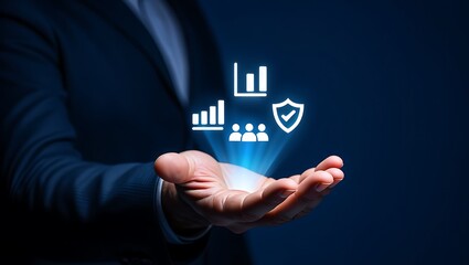 Man displaying business growth, team, and security icons
