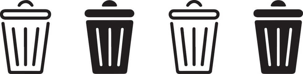 Trash bin icon set. Minimalist trash bin icon in black outline for delete or remove interface action. Trash Can or Recycle Bin Icon.