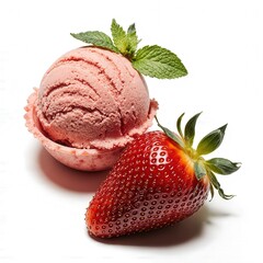 Strawberry Ice Cream Delight: A refreshing scoop of strawberry ice cream, garnished with fresh mint leaves, alongside a ripe, vibrant strawberry, offering a tempting treat