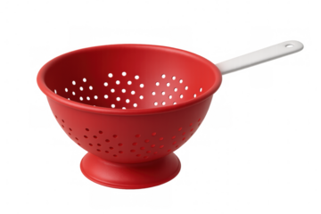 Kitchen colander featuring bright red plastic construction, perforated body, white ergonomic handle, positioned against clean transparent backdrop