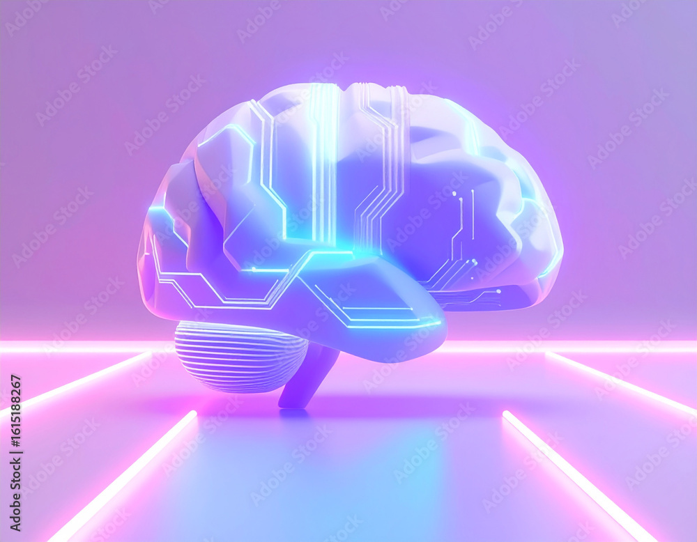 Poster abstract digital brain with neon lights represents futuristic artificial intelligence and neural net