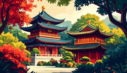 Obraz premium Two Chinese pagodas in a vibrant autumn garden
