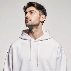 Confident Man in White Hoodie: A handsome man, exudes confidence and self-assurance in a crisp, white hoodie, striking a pose that speaks volumes of charisma and style.