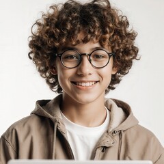 Joyful Youthful Portrait: A young, happy individual radiates joy with a warm smile, accentuated by stylish eyeglasses.  Capturing the essence of youth and contentment. 