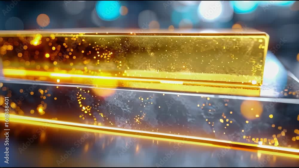 Poster a highly detailed macro image of stacked golden and silver metallic bars glowing with warm ambient l