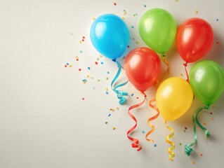 Colorful balloons with confetti on white background.  Bright colorful balloons with curled ribbons and festive confetti scattered on white background