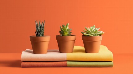 Succulent plants in terracotta pots with orange background.  Three succulent plants in clay pots placed on folded fabric over vibrant orange background, minimal botanical concept