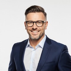 Smart and Confident Portrait: A polished man, impeccably dressed and radiating self-assurance, gazes directly at the viewer, conveying competence and approachability. 