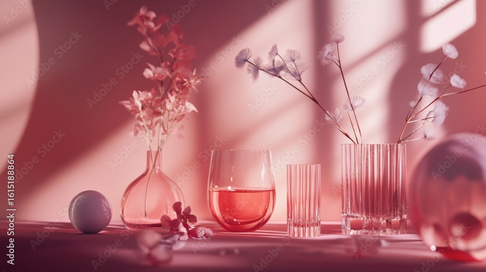 Poster glassware on red background with shadows and reflections in artistic modern composition style