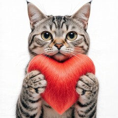 Sweetheart's Embrace: A charming cat tenderly cradles a vibrant red heart, embodying warmth and affectionate sentiment. A touching depiction of love and companionship.