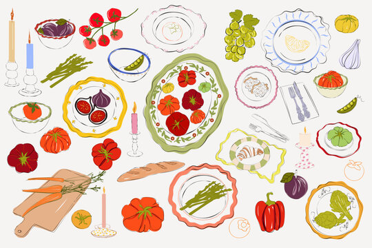 Cozy fall harvest concept, perfect for menu design, kitchen prints, or editorial projects. Warm color palette and nostalgic dining vibe. Hand-drawn vector illustration.