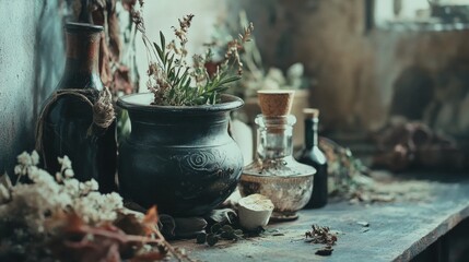 Mystical vintage apothecary bottles and herbs on wooden table in moody enchanted atmosphere