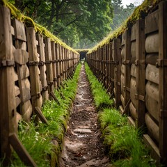 A long, wooden trench stretches into a misty forest
