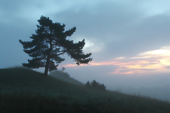 Lone pine on misty hill under sunrise glow  
